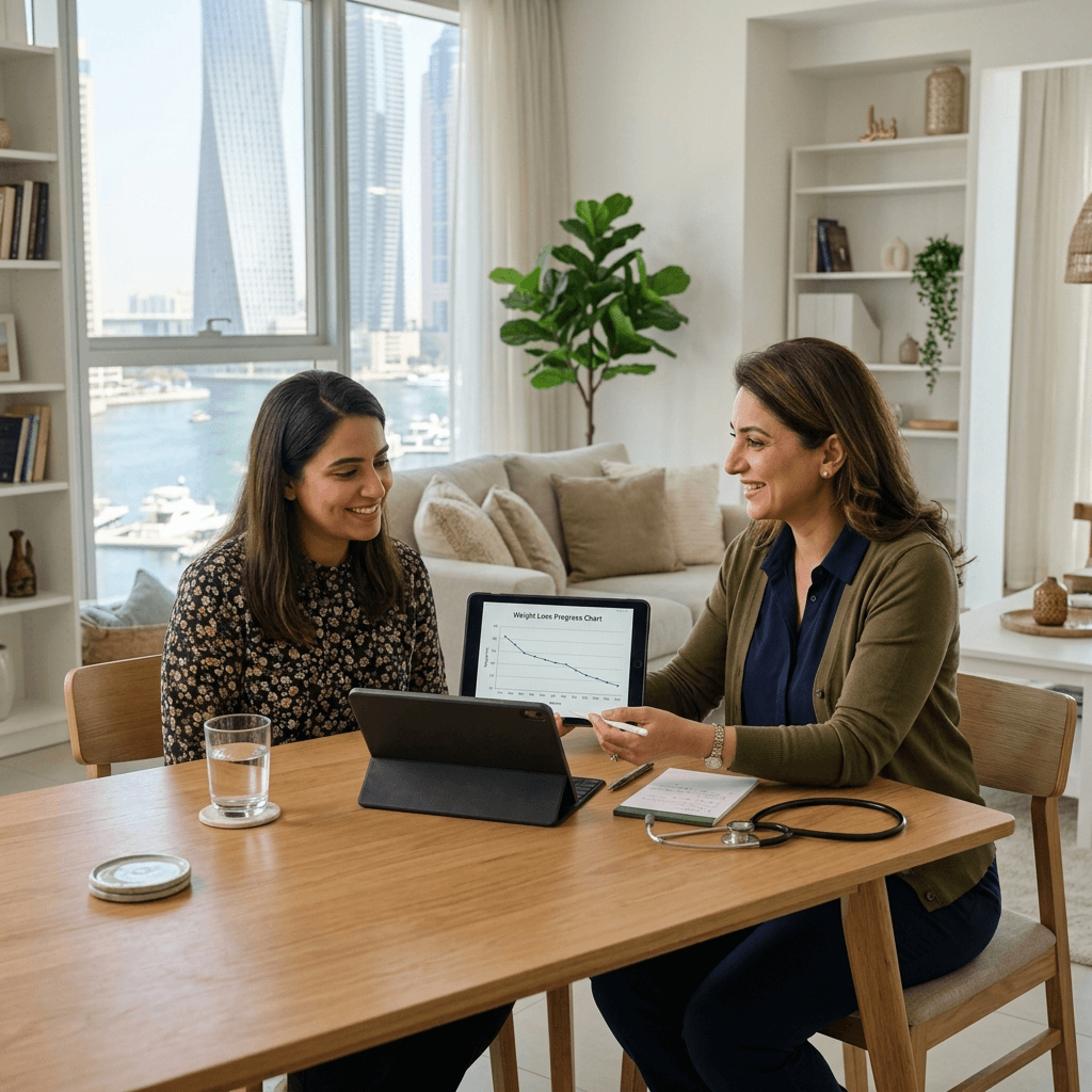 Doctor consulting a patient at home for a medically supervised weight loss program